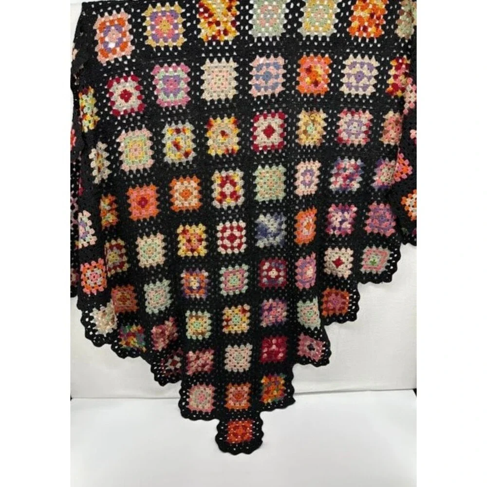 Hand Crochet Coverlet Twin Size 67 x 20 Black‎ and Multicolor Vintage 60's